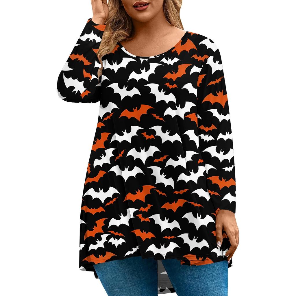 Women's Fashion Large Size Round Neck Long Sleeve Casual Halloween Print Loose Pullover Top
