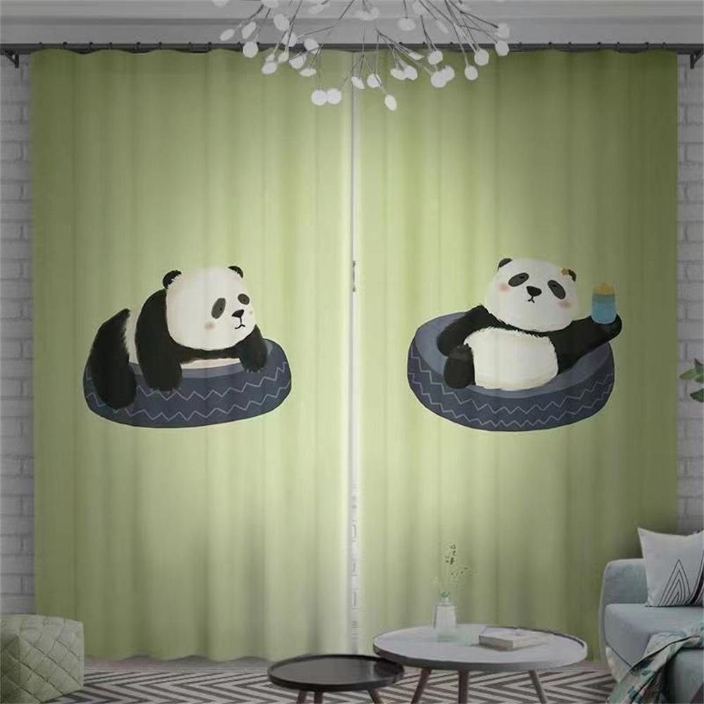 3D Print Crown Cartoon Cute Panda Bamboo Series Green Leaves 2 Pieces Thin Shading Curtain Living Room Bedroom Home Decor Hook