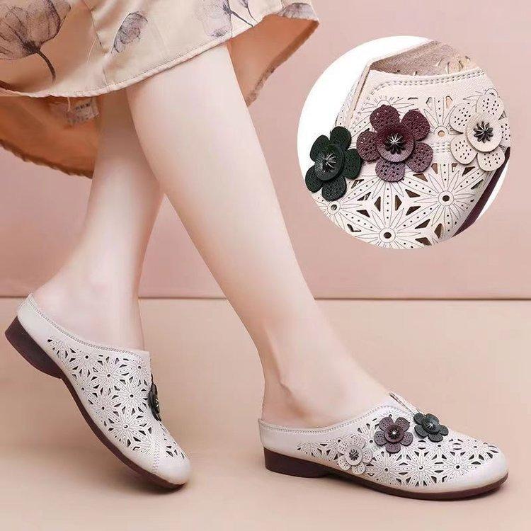 Spring and summer new women's shoes rubber soft sole soft leather flat bottom bag head flower mother shoes breathable hole beach