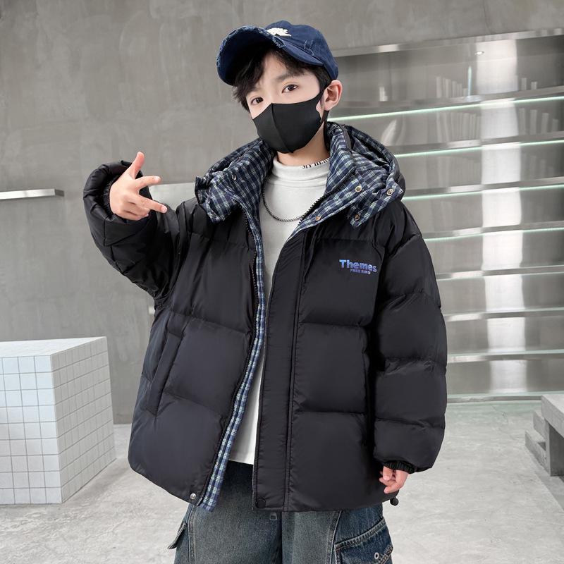Boys Hooded Plaid Patchwork Down Jacket - 2025 Winter Fashion for Older Kids 130 cm