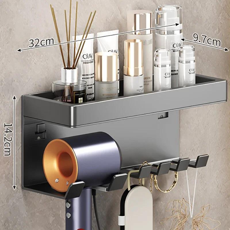 Bathroom Shelf Makeup Storage Organizer Carbon Steel Hair Dryer Holder Bathroom Accessories Wall Shelf with Cup Hook