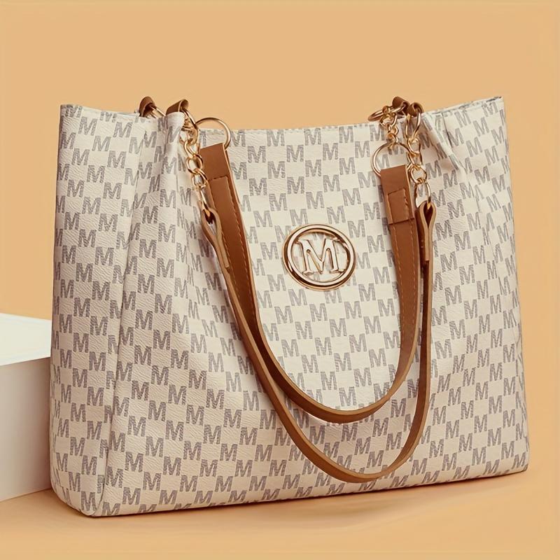 

Женская винтажная сумка через плечо с фурнитурой, украшенной буквой M - Большая вместимость, трансформируемая сумка кроссбоди/сумка-тоут белый