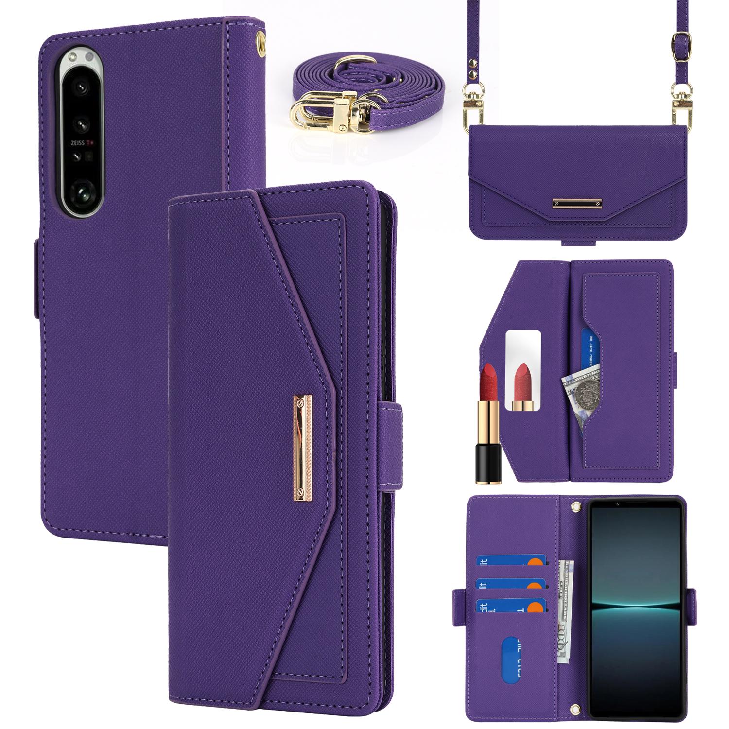 

For Sony Xperia 1 IV 5G Stand Case Cross Texture PU Leather Wallet Phone Cover with Shoulder Strap/Makeup Mirror Purple