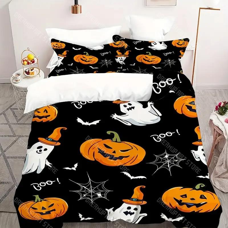 Halloween Quilt Cover Set Halloween Theme Comfortable Bedding Set Digital Print Plaid Pattern Cute Ghost Pumpkin One Quilt Cover