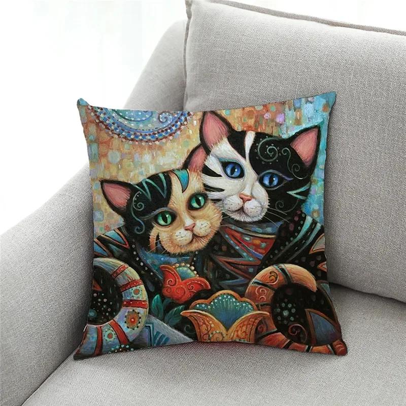 Classic Oil Painting Cat Design Linen Pillowcase 45x45cm Living Room Sofa Cushion Covers Home Decoration Car Waist Pillow