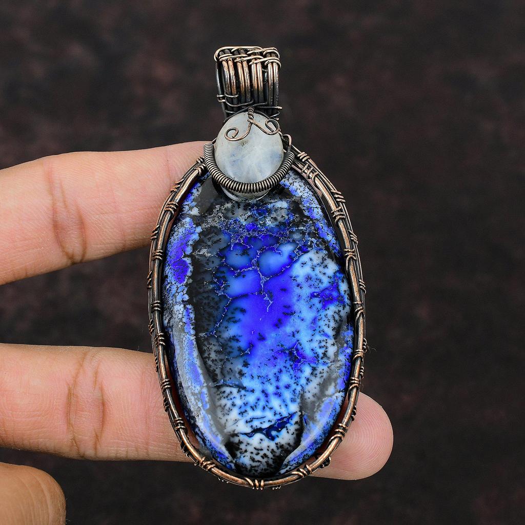 Blue Dendrite Opal Pendant Copper Wire Wrapped Pendant Moonstone Pendant Gift For Her Handmade Copper Jewelry Wire Wrapping Gemstone Jewelry