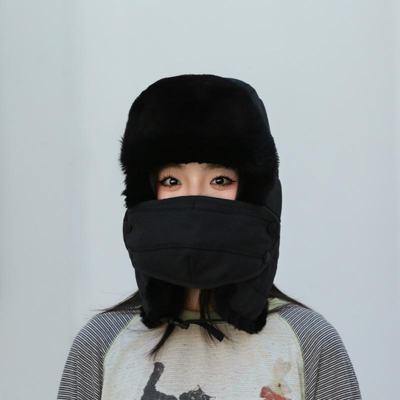 Hat Men's winter real rabbit hair cold-proof women's tide cycling warm fleece thickened cotton hat