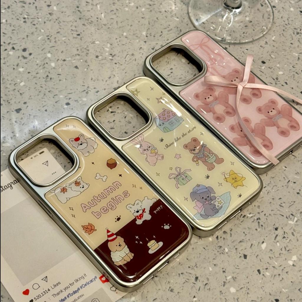 Korean Cute Bow Bear Applies To Apple iPhone 17/16 Mobile Phone Case 15 Electroplating 13 Water Condensation 14 Sets
