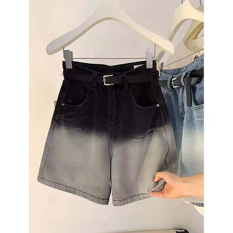 2025 Spring/Summer Women's Retro Gradient High-Waist Denim Shorts - Korean Fashion, Mid-Length, Straight Leg