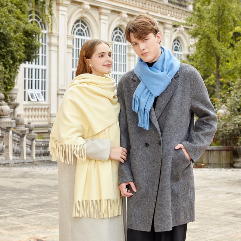 Fular Gros de Lână Culoare Solidă Unisex Fular de Iarnă cu Franjuri de Cașmir Cald Rezistent la Vânt Înfășurare Plaid pentru Femei & Bărbați