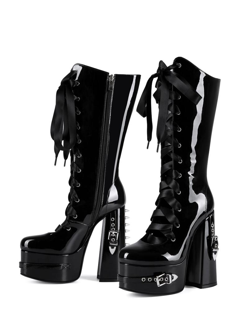 15cm Platform Hollow Boots Square High Heel Patent Leather Cross Tied Ribbon Side Zipper Long Shoes Dark Punk Black Lolita Shoes