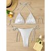 Damen Glänzendes Schwarzes Dreieck Bikini Set Neckholder zum Binden Seitenbändchen Tanga Ohne Bügel Sexy Strand Badebekleidung