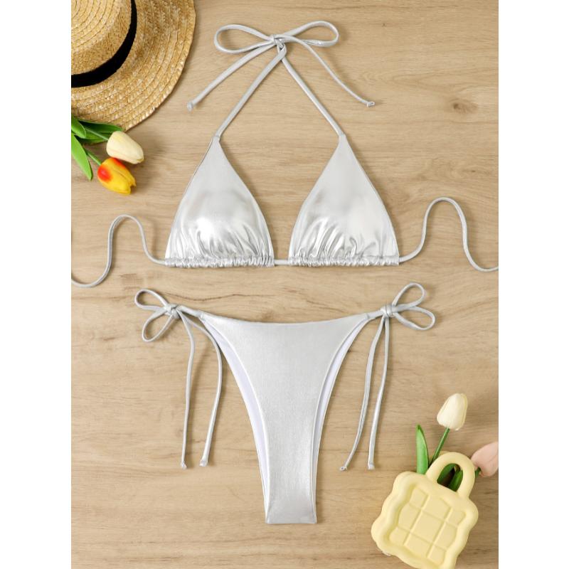 Damen Glänzendes Schwarzes Dreieck Bikini Set Neckholder zum Binden Seitenbändchen Tanga Ohne Bügel Sexy Strand Badebekleidung