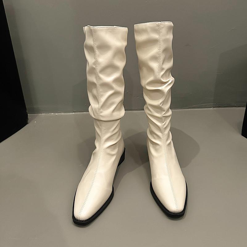 

Сапоги до колена на квадратном каблуке для женщин, новинка 2024 года, горячая распродажа, зимняя однотонная обувь с острым носком, женские сапоги из искусственной кожи на квадратном каблуке