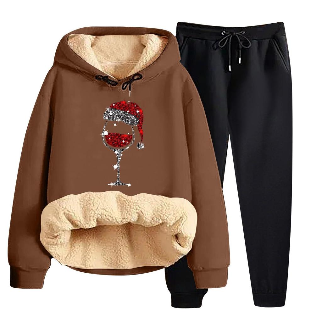 Women's Fashion Christmas Printed Padded Thickened Hooded Sweatshirt Casual Two Piece Set