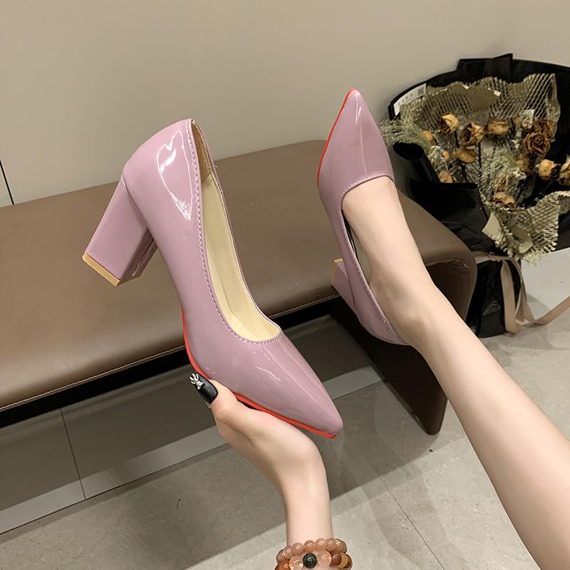 Square head single shoes female celebrity patent leather high heels thick heel pedicure shallow mouth foot cover professional shoes women's shoes