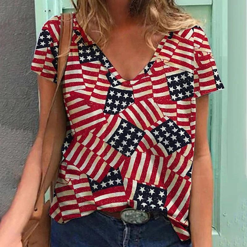 Summer Casual and Comfortable American Flag 3D Printed Women's V-neck Short Sleeved T-shirt