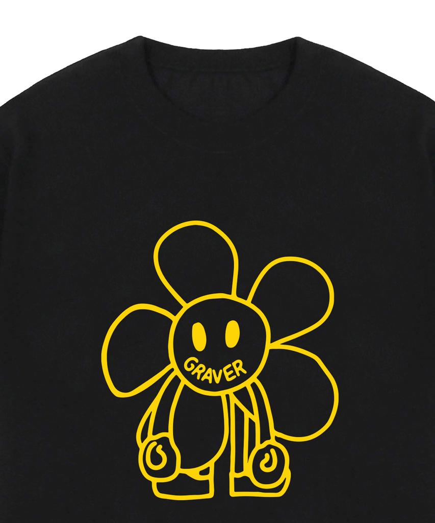 GRAVER [Unisex] Comics Line Flower Drawing Short Sleeve T-Shirt_Black