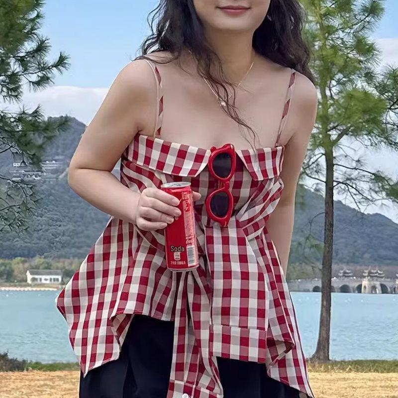 

Красный клетчатый топ-майка большого размера для женщин - Весенне-летний облегающий топ L for 100-118 lbs