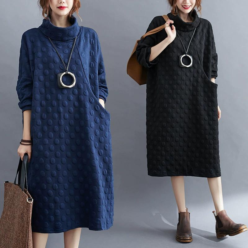 Women Oversized Dress Turtleneck Long Sleeve Polka Dot Dress Casual Solid Color Pocket Maxi Dress