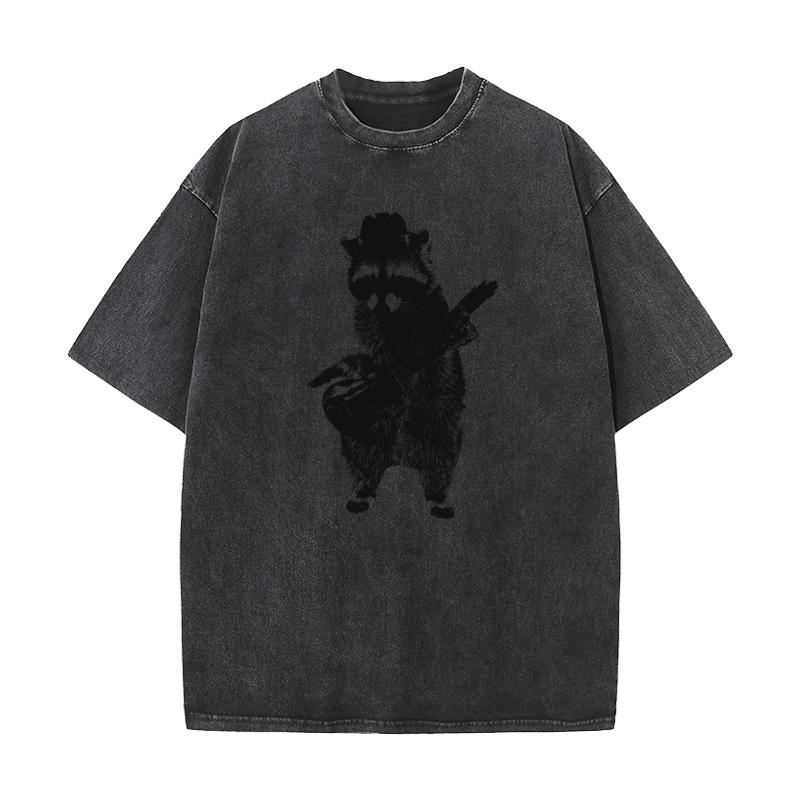 Raccoon Playing The Guitar Tops Tees Discount Crewneck Geek Short Sleeve All Cotton Male Washed T Shirt Slogan Washed Tees
