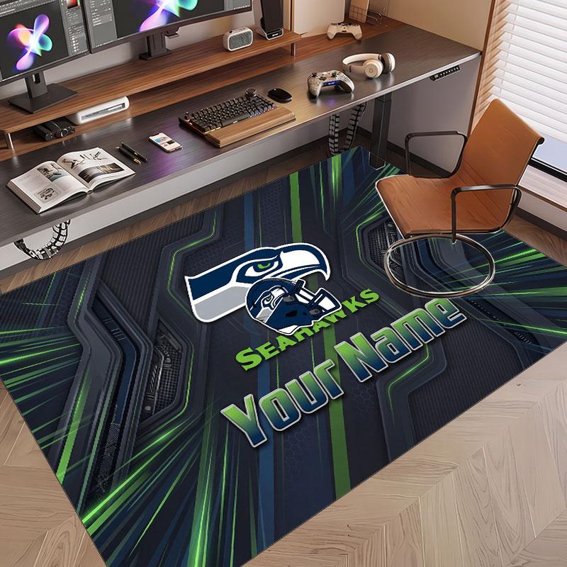 Custom Rug Seattle Seahawks Pattern Print Name Text Soft Non‑Slip Floor Carpet for Home Indoor Decoration