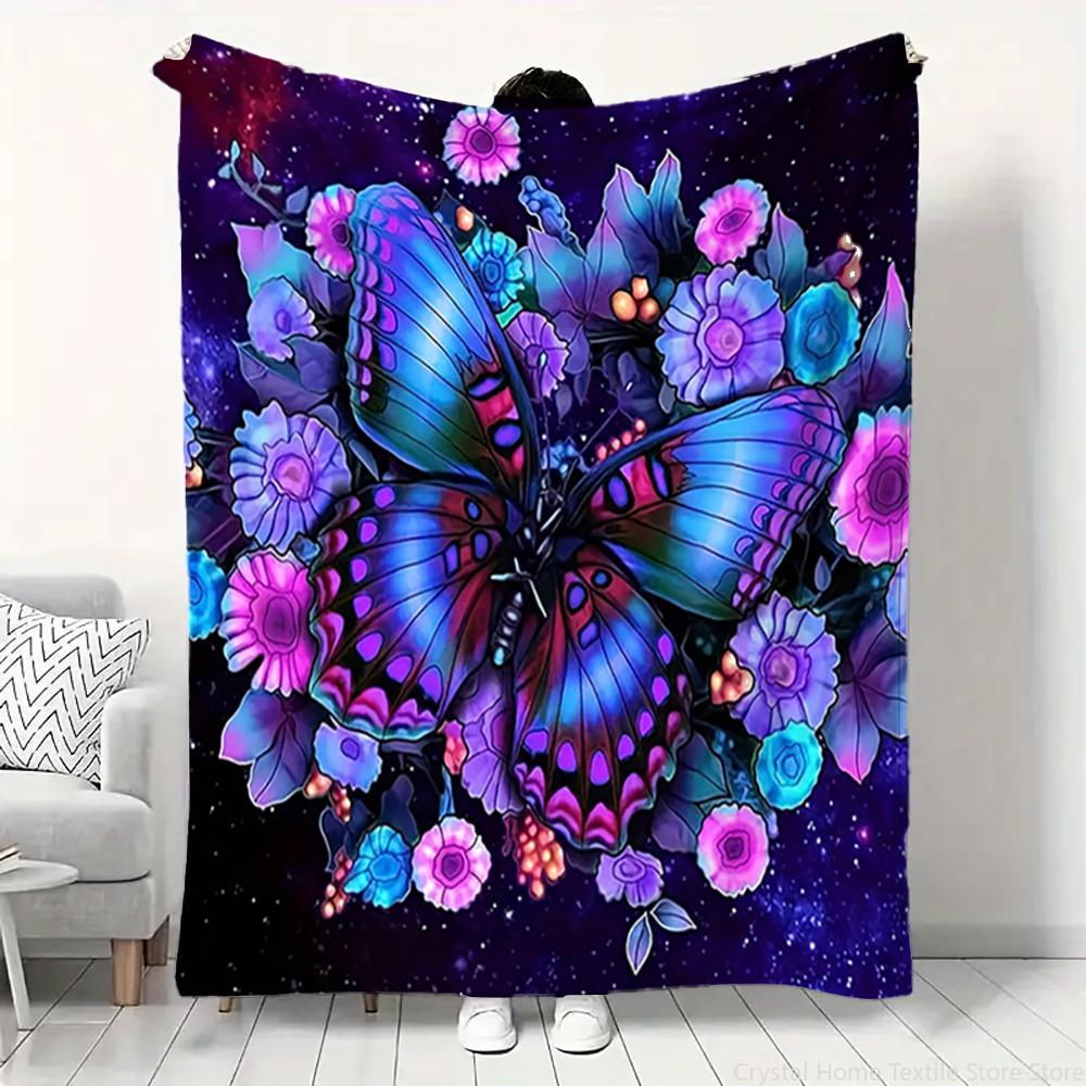 Flannel Butterfly Blanket Purple Floral Digital Printing,Fleece Throw Blanket for Sofa Bed Travel Camping,Office Couch Chair Bed