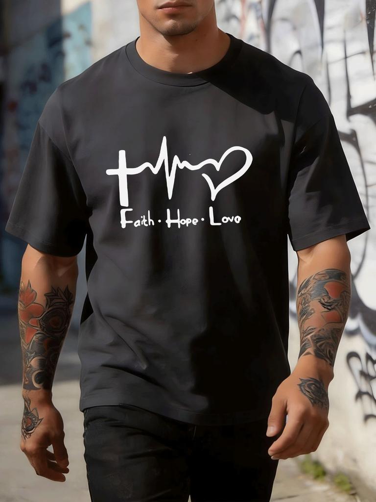 Unisexs Faith Hope Love Graphic Tee Cross Heartbeat Black Crew Neck Loose Short Sleeve Religious Soft Summer Daily Street Top