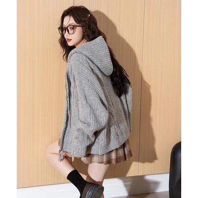TonLion Women's Hooded Cable Knit Zipper Cardigan