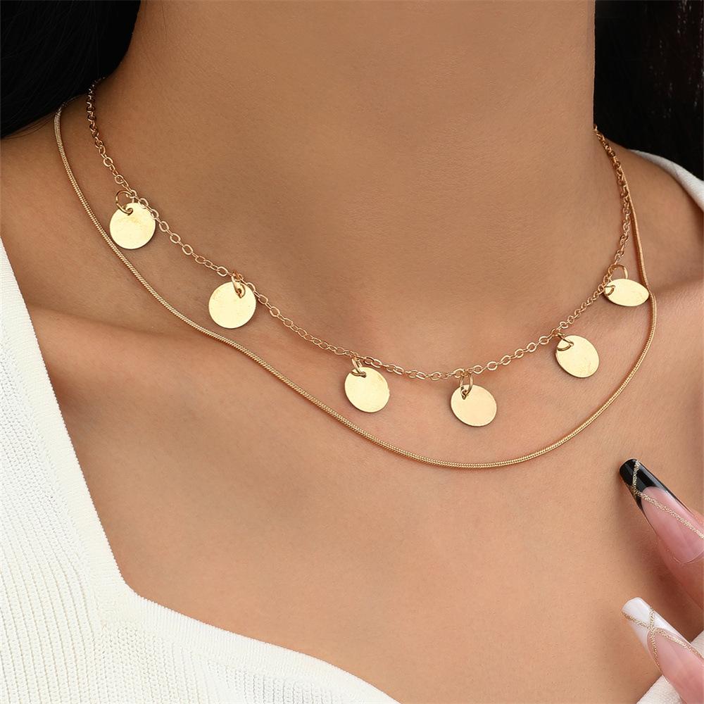 

Retro geometric snake chain sequined collarbone chain, simple disc fringed double-layer necklace, 1 female