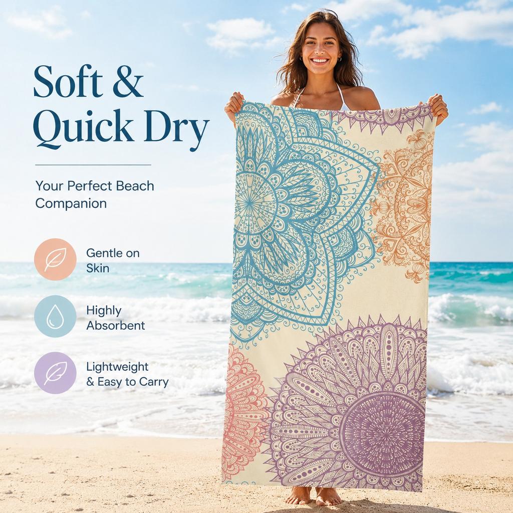 Mandala Bohemian Beach Towel 2D Flat Printed Peach Skin Bath Towel Sand Quick Dry Summer Travel Swim Pool Vacation Blanket