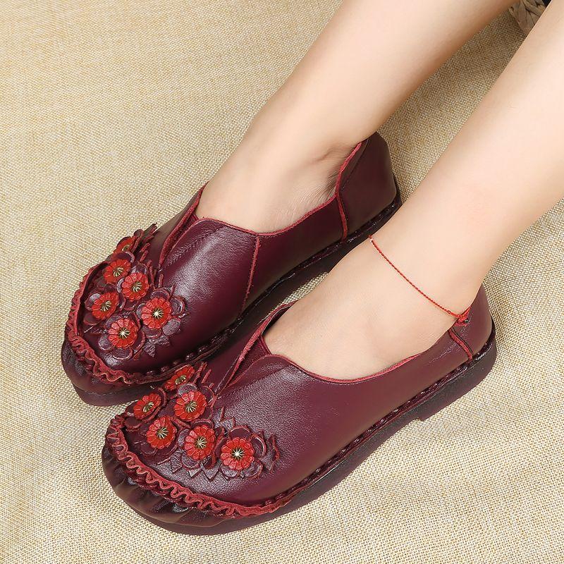 Fashion Orthopedic Real Leather Shoes Women's Ballet Flats Floral Moccasins Ladies Vintage Luxury Loafers Waterproof Wide Fit Chic Shoes