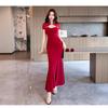 New split cheongsam long mesh splicing sexy low-cut short-sleeved slim-fitting hip-wrapped dress temperament work clothes