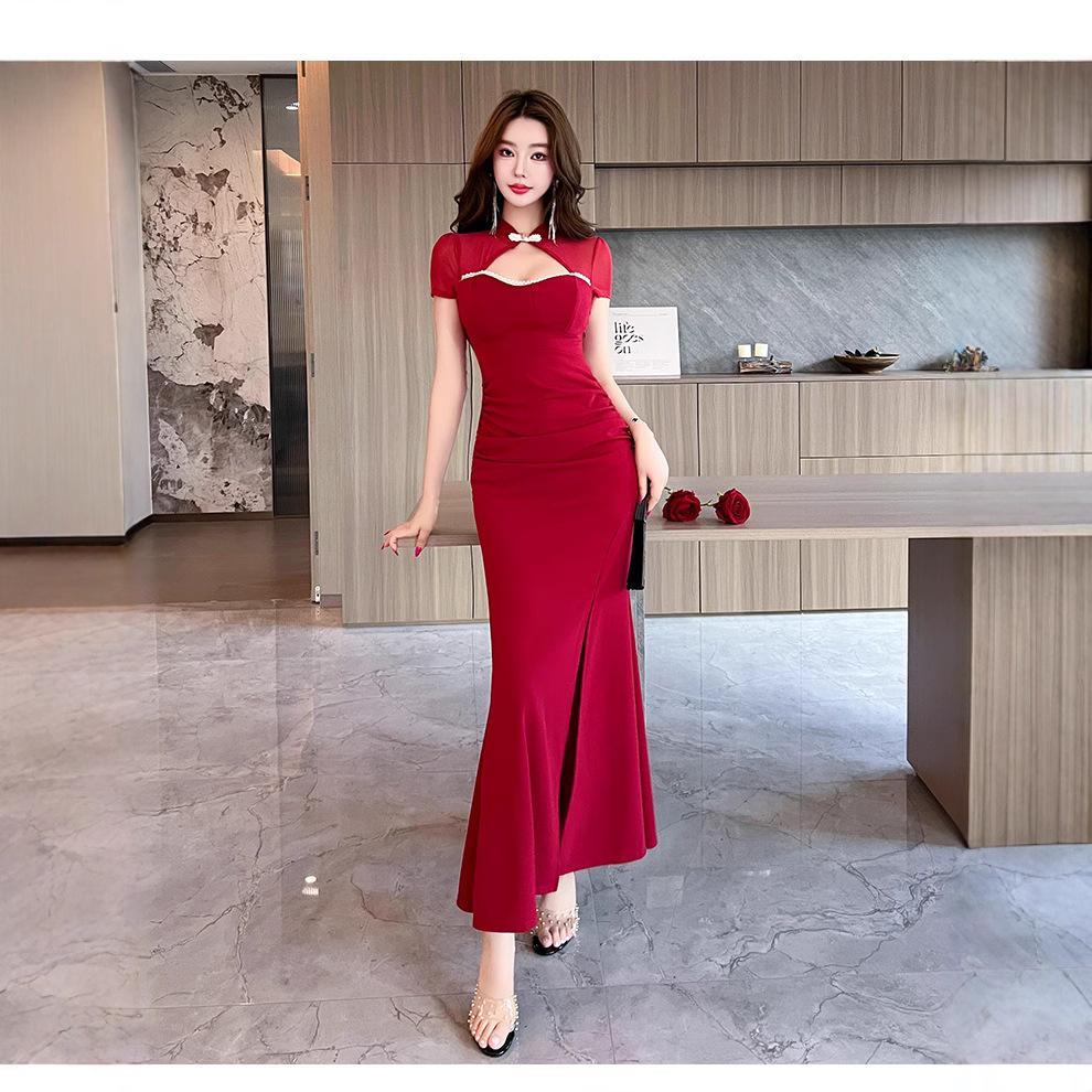 New split cheongsam long mesh splicing sexy low-cut short-sleeved slim-fitting hip-wrapped dress temperament work clothes