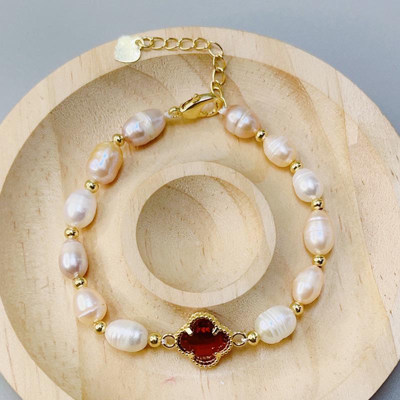 Four-Leaf Clover Freshwater Pearl Friendship Bracelet - Japanese Korean Style