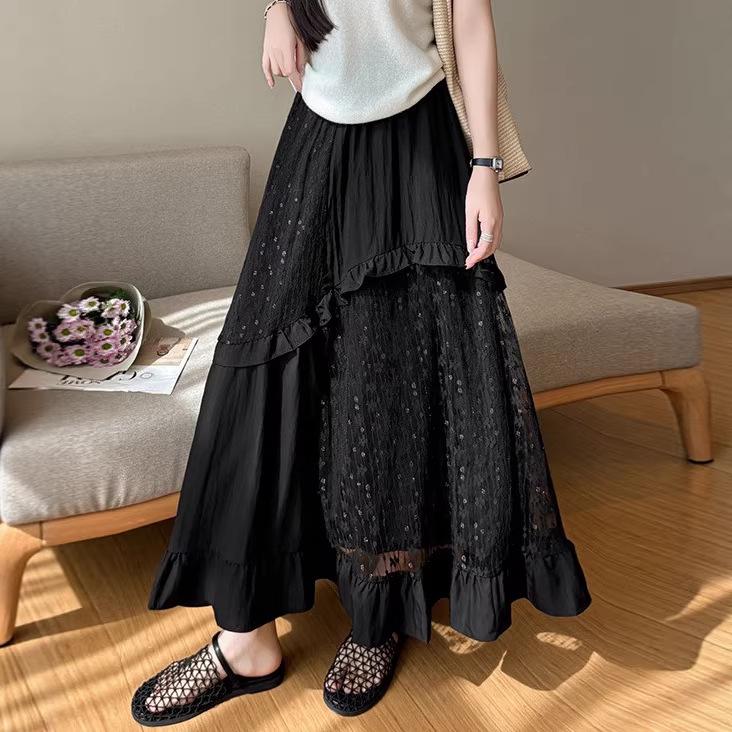Women's White Lace Ruffled Midi A-line Cake Skirt - 2026 Spring/Summer