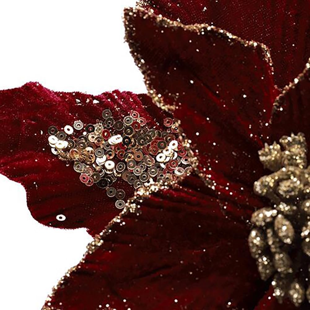 vctops 6 Pcs Christmas Poinsettia Artificial Flowers Shining Glitter Artificial Flower for Xmas Tree Wreath Ornaments New Year Wedding Party Holiday