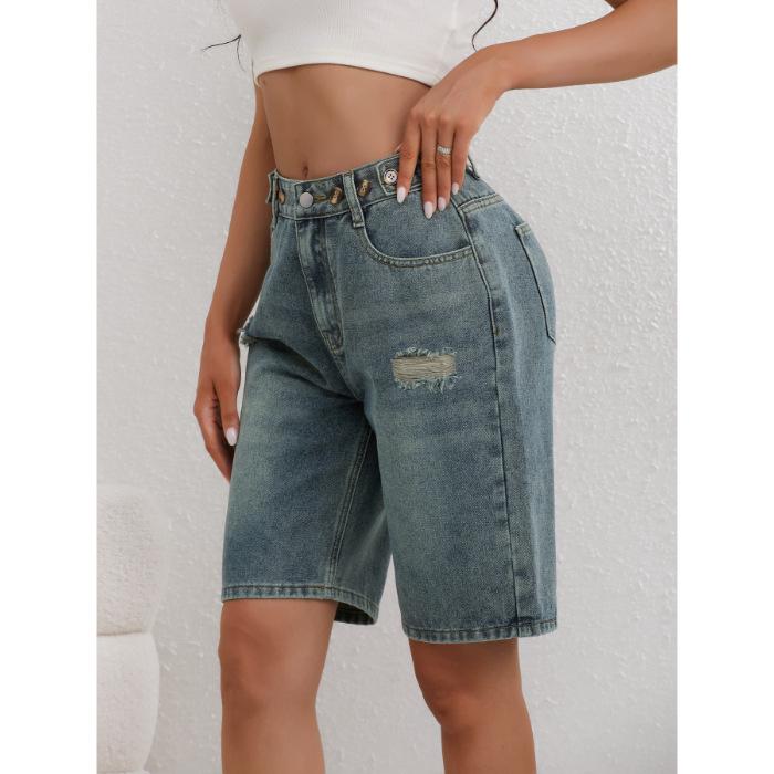 European & American Style Ripped Adjustable Loose Fit Women s Denim Crop Pants XL
