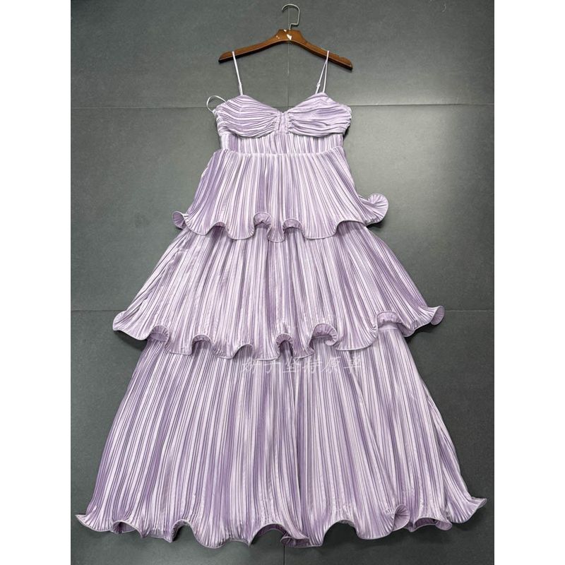 Yanzijia Foreign Trade Order A * R Purple Green Heavy Industry Pleated Three-Dimensional Sling A Word Swing Dress Cocktail Dress