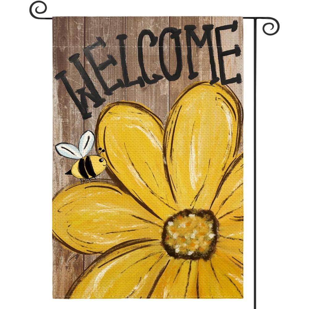 2pcs Bee Sunflower Spring Summer Garden Flag 12x18 Inch Double Sided Outside Welcome Wood Grain Yard Outdoor Flag