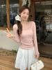 Pink lace U-neck bow long-sleeved t-shirt women's early autumn new inner bottoming shirt slim and thin knitted top