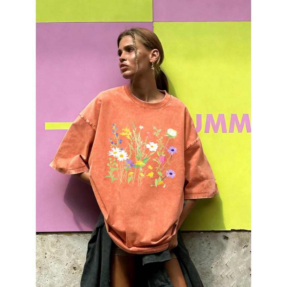 Various Flowers And Green Leaves Design Washed T-Shirt Women Cotton Vintage Short Sleeves Sportswear Summer T Shirt