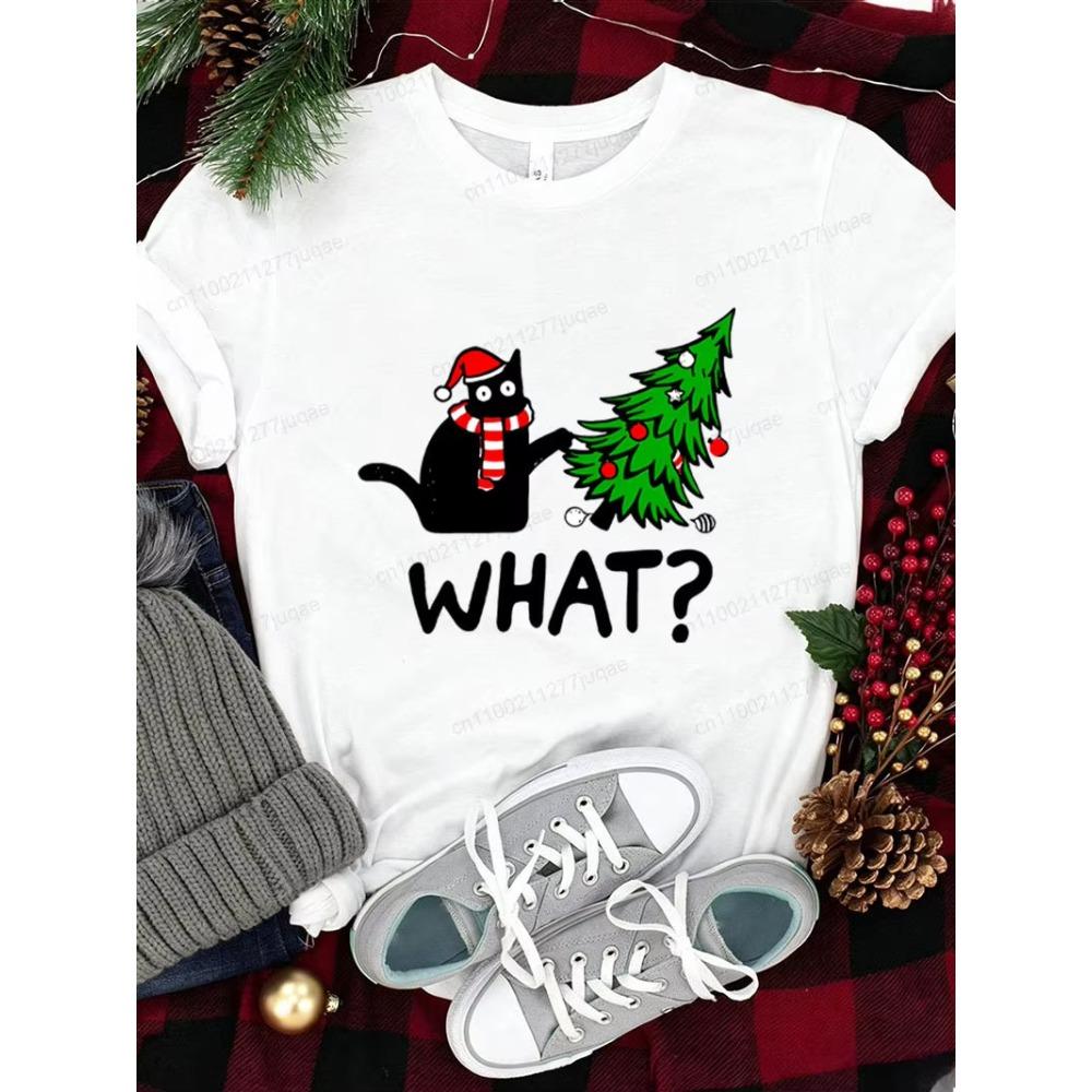Christmas Cartoon Cat Xmas Tree Print Graphic Print T-shirt Women Fashionable Comfortable Breathable Soft Casual Sports Short Sleeve Cotton T-shirt