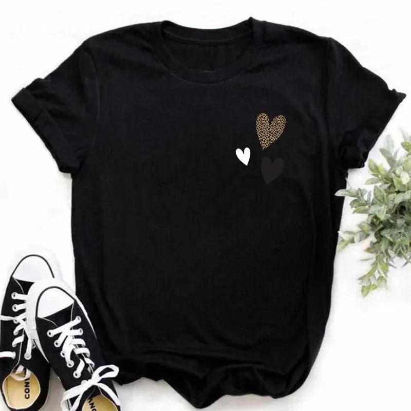 Leopard Love Heart Print Women Fashion T Shirt Black Female Short Sleeve Graphic Tops Women Sleeved Harajuk Streetwear Casual