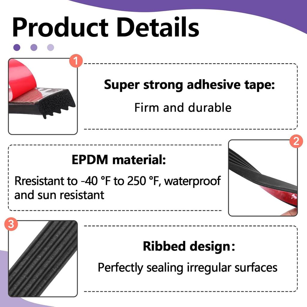 326A0004 Ribbed Bulkhead Seal Strip 3/5 in x 65 in, Self-Adhesive EPDM Ribbed Foam Rubber Weather Stripping for Tonneau Cover, Truck Bed Cover, RV,