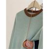 Green Shoulder Crew Neck Long Sleeve Knitted Sweater Women's Spring and Autumn Early Autumn Sweater Slim Fit Bottom Shirt Premium Top