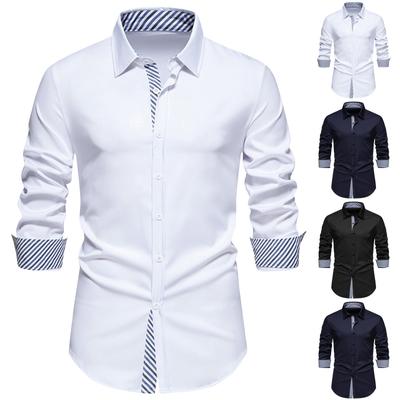 Erkek Günlük Moda Yaka Uzun Kollu Gömlek Erkek Çizgili Renk Blok Uzun Kollu Gömlek