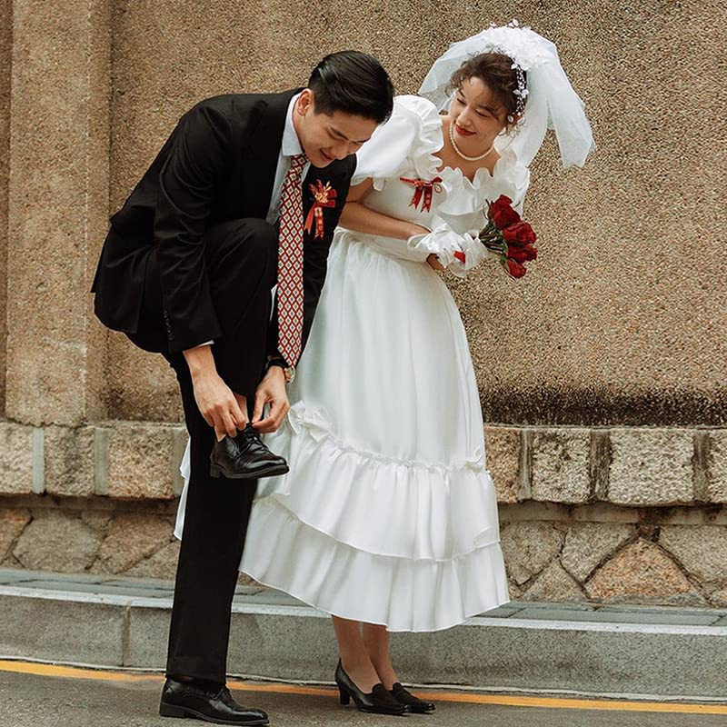 White Wedding Perfect for and Empire Puff Elegant Formal Dress R-QINYUER Women's Dress, Weddings, Bridal, Parties, Knee-Length, Line, Sleeves, (XXL)