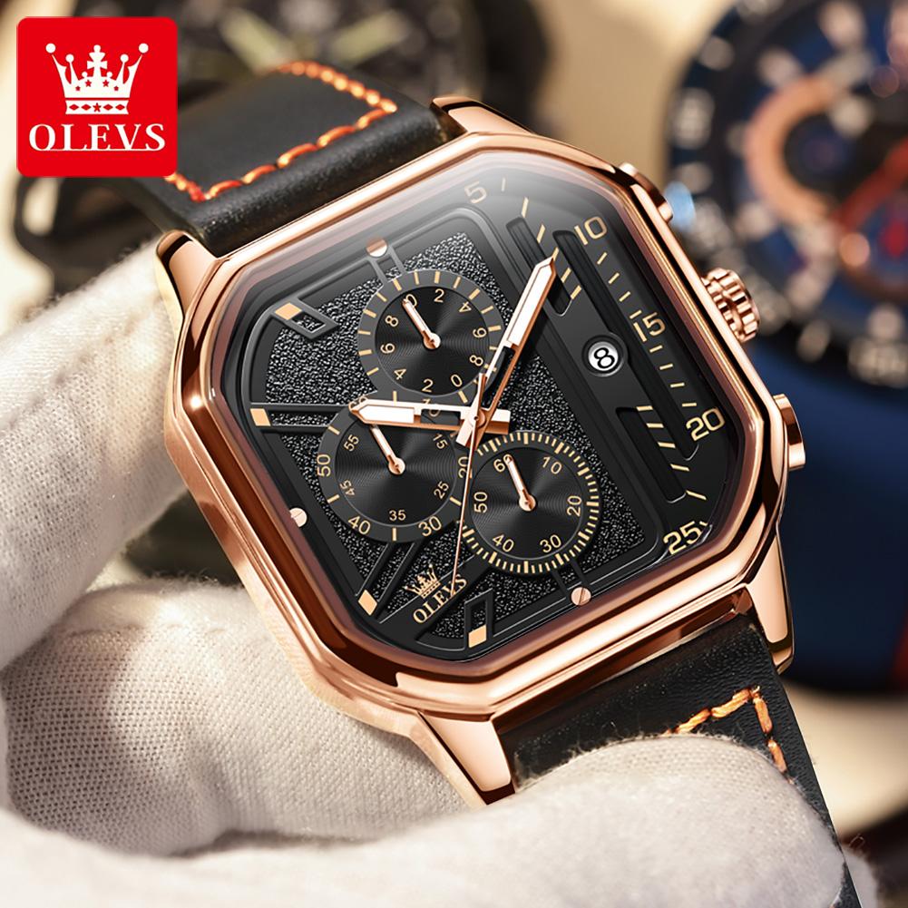 OLEVS 9950 Trend Brand Original Men's Watches Square Waterproof Chronograph Quartz Watch Luminous Leather Strap Male Wristwatch