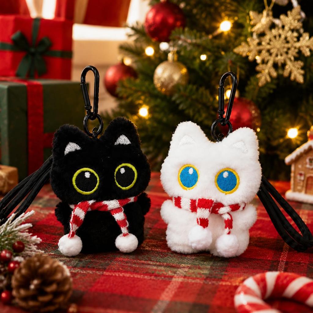 [sansejin] Black Cat & White Cat Plush Keychain with Scarf (Set of 2)